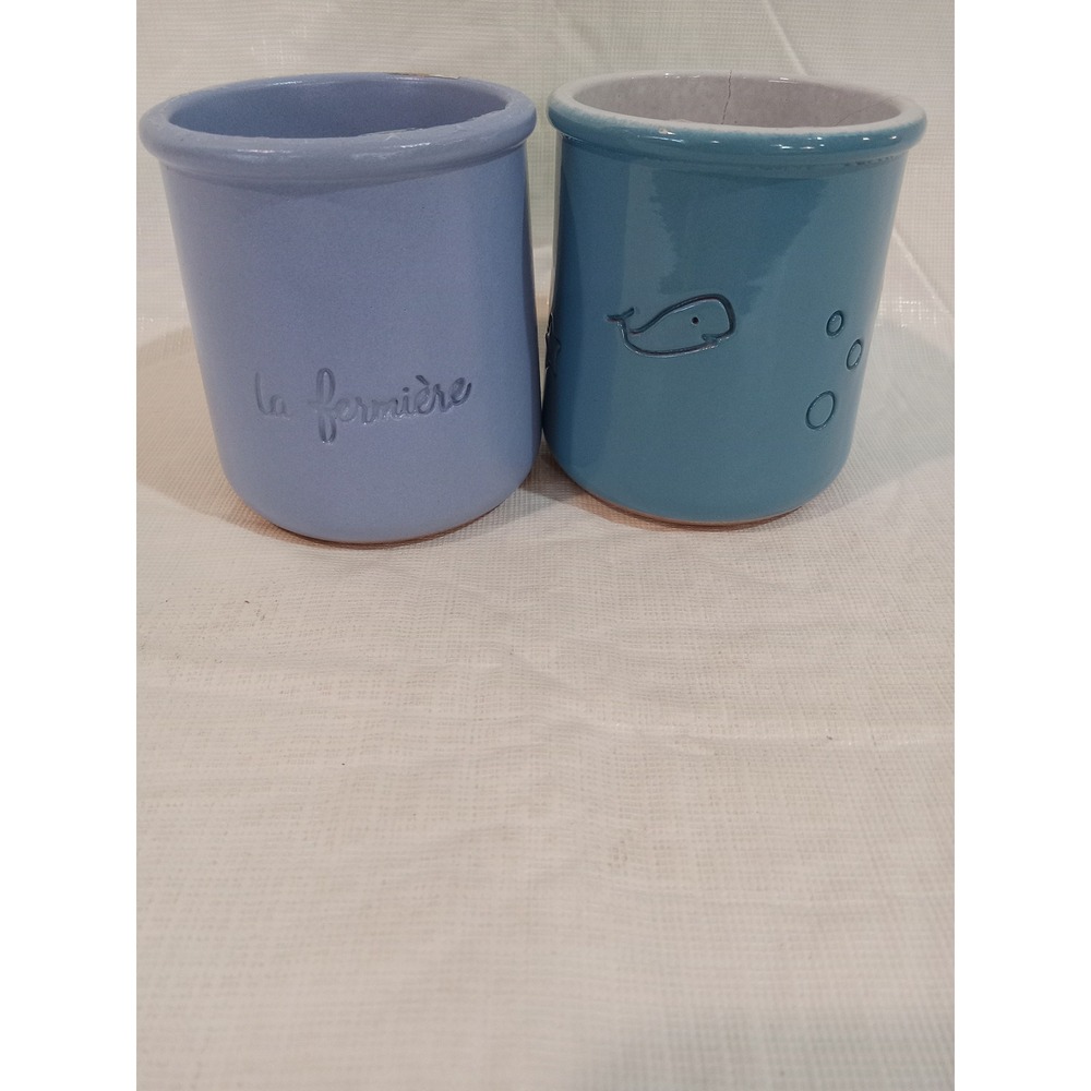 La Fermiere French Yogurt Pots Terracotta Set of 2 Teal Whale Design